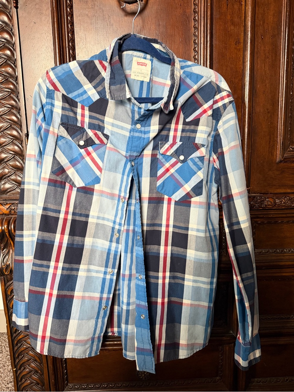 Levi's Blue & Red Plaid Western Button-Up Shirt Large Slim Fit